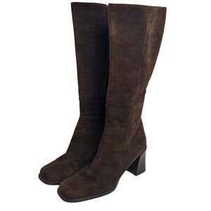 Brown Suede Knee-High Boots 10M Lord & Taylor All Leather Upper Chunky Heel